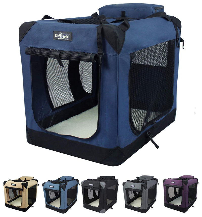 EliteField 3-Door Folding Soft Dog Crate with Carrying Bag and Fleece Bed (2 Year Warranty), Indoor & Outdoor Pet Home (20" L x 14" W x 14" H, Navy Blue) - Image 1